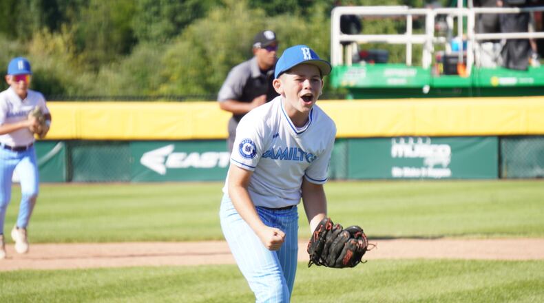 West Side Little League's Jordan Malloy reacts after striking out the last batter during his Great Lakes Region game against Michigan on Sunday at the Little League Central Region Complex in Whitestown, Indiana. West Side won 8-0. CHRIS VOGT / CONTRIBUTED