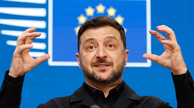 Ukraine's President Volodymyr Zelenskyy speaks during a media conference at the EU Summit in Brussels, Thursday, Dec. 18, 2025. (AP Photo/Geert Vanden Wijngaert)