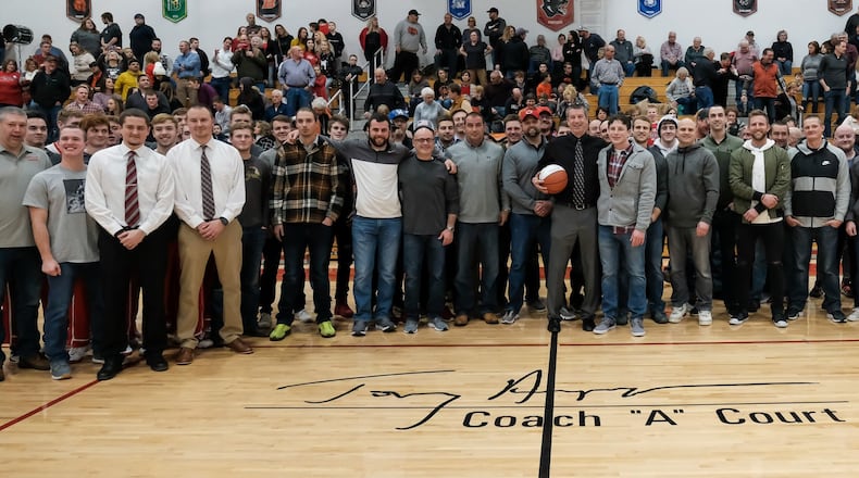 Twin Valley South recently named its home court — Coach A Court — to honor boys basketball coach Tony Augspurger, who is retiring after 33 seasons. Mike Champine Photography