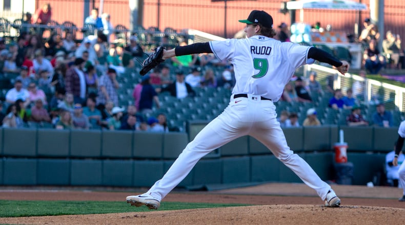 Dayton starter Carson Rudd fires a pitch earlier this season at Day Air Ballpark. CONTRIBUTED/Jeff Gilbert
