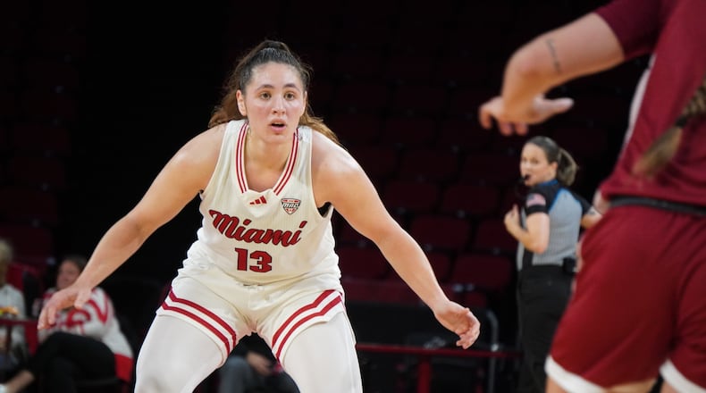 Miami's Tamar Singer plays defense against Indiana-Southeast on Thursday afternoon at Millett Hall. CHRIS VOGT / CONTRIBUTED