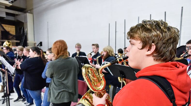 Derek Stidham, a sophomore with the Franklin High School pep band, plays his baritone saxophone before a basketball game Jan. 26 at Franklin High School. NICK GRAHAM/STAFF