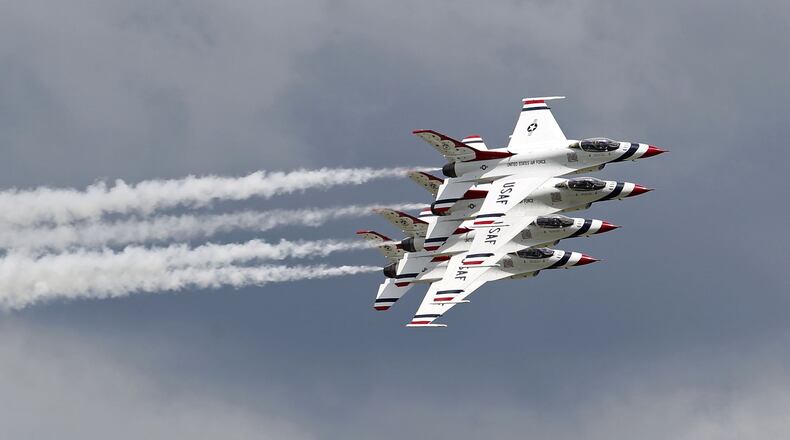 The U.S. Air Force Thunderbirds arrived at the Dayton International Airport in June, but canceled appearances at the Vectren Dayton Air Show after a team jet mishap injured a pilot. TY GREENLEES / STAFF