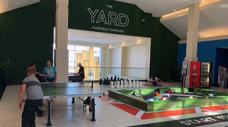 The Yard at the Mall at Fairfield Commons has ping pong, cornhole, oversized chess, Jenga, Connect Four and soccer pool.