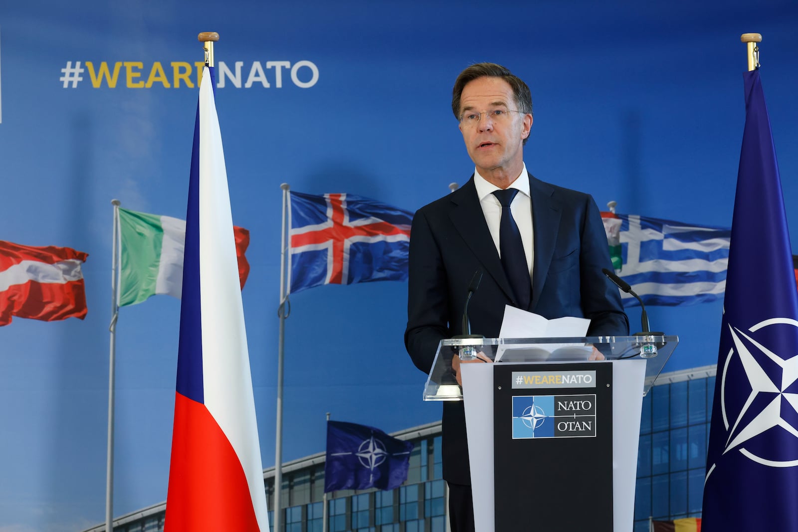 NATO Secretary General Mark Rutte addresses a media conference at NATO headquarters in Brussels, Wednesday, May 21, 2025. (AP Photo/Omar Havana)