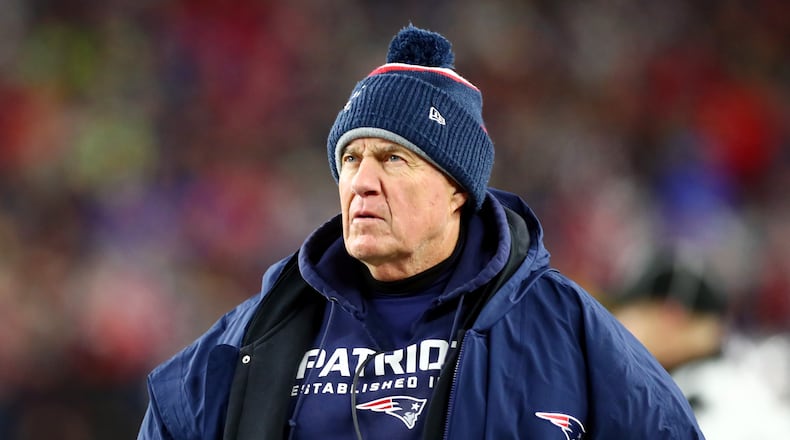FOXBOROUGH, MASSACHUSETTS - DECEMBER 08: Head coach Bill Belichick of the New England Patriots looks on during the second half against the Kansas City Chiefs in the game at Gillette Stadium on December 08, 2019 in Foxborough, Massachusetts. (Photo by Adam Glanzman/Getty Images)