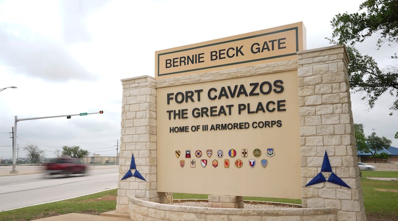 The sign at the main gate was unveiled during a ceremony at Fort Cavazos in Killeen, Texas, on Tuesday May 9, 2023. During the event, Fort Hood, the Army's largest armored, active-duty military installation, was renamed Fort Cavazos in honor of native Texan Richard E. Cavazos, the country's first Hispanic four-star general and hero of the Korean and Vietnam wars. Fort Hood was named after John Bell Hood, a high-ranking Confederate officer in Texas during the Civil War. It is one of nine military establishments being renamed based on recommendations by the Naming Committee, a commission created by Congress within the Defense Department, to remove the names, symbols and displays that honor or commemorate the Confederacy. (Jay Janner/Austin American-Statesman via AP)