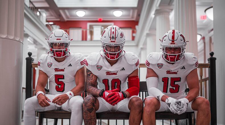 The Miami RedHawks recently unveiled their white uniforms for the 2024 season. Miami Athletics photo