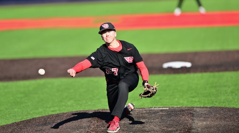 Dayton's Nick Wissman pitches in a season-opening series against Lindenwood in 2024 at UD's Woerner Field. UD photo
