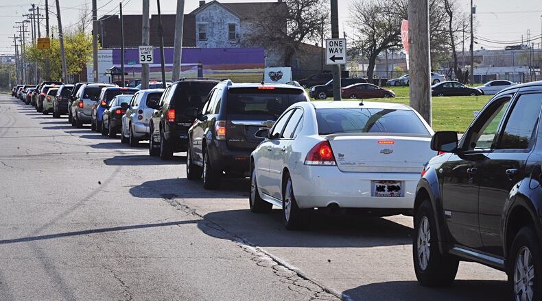 Traffic was backed up on Germantown Street in mid-April with people waiting to get into a food pantry. MARSHALL GORBYSTAFF