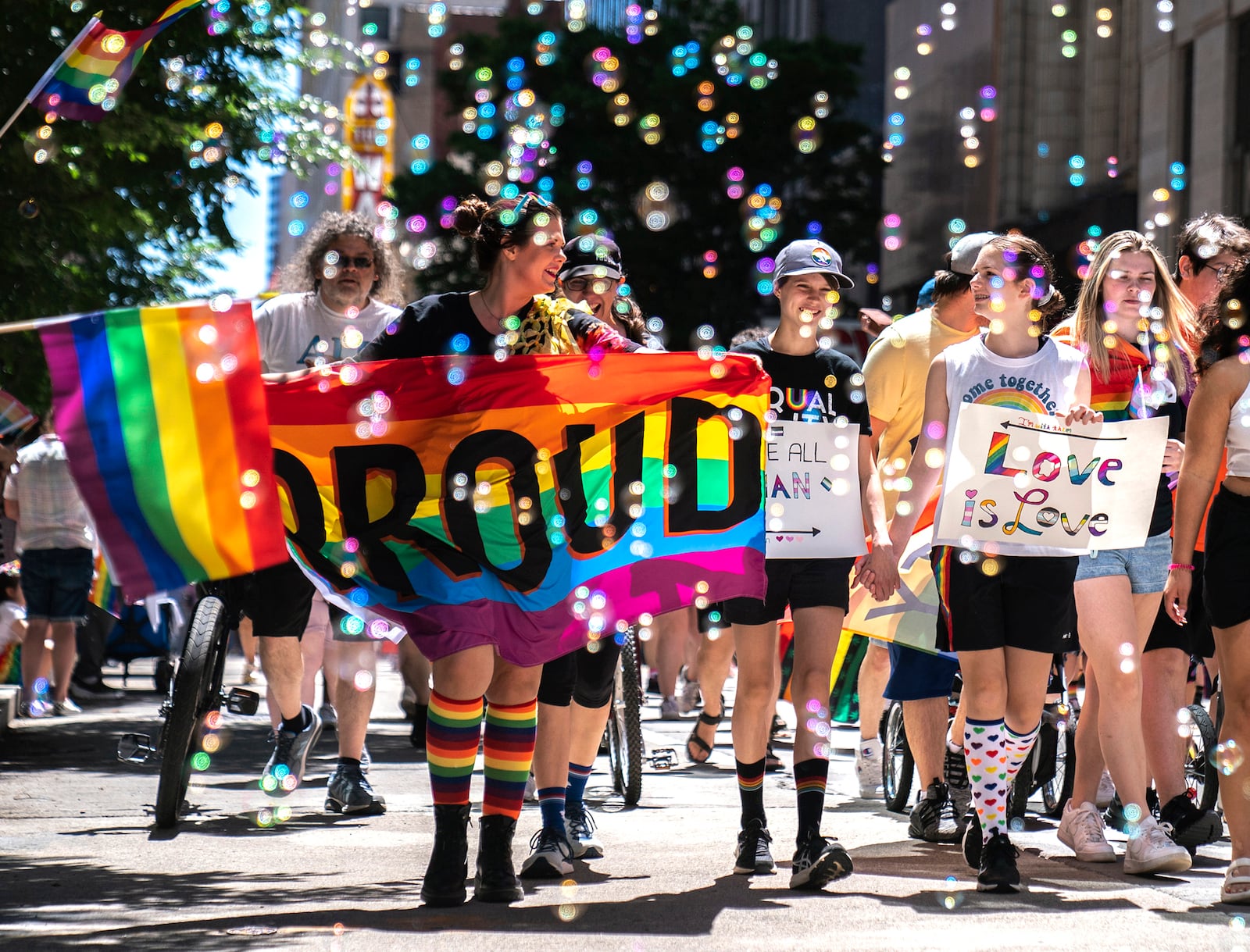 FILE - People walk in the Pittsburgh Pride Revolution March to celebrate Pride Month, June 4, 2022, in downtown Pittsburgh. (Alexandra Wimley/Pittsburgh Post-Gazette via AP, file)
