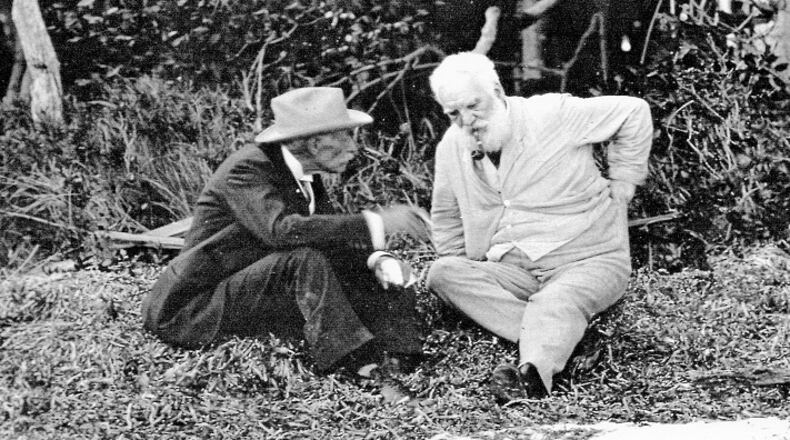 David Fairchild, left, relaxes at his Florida home with his father-in-law, Alexander Graham Bell. (Handout)