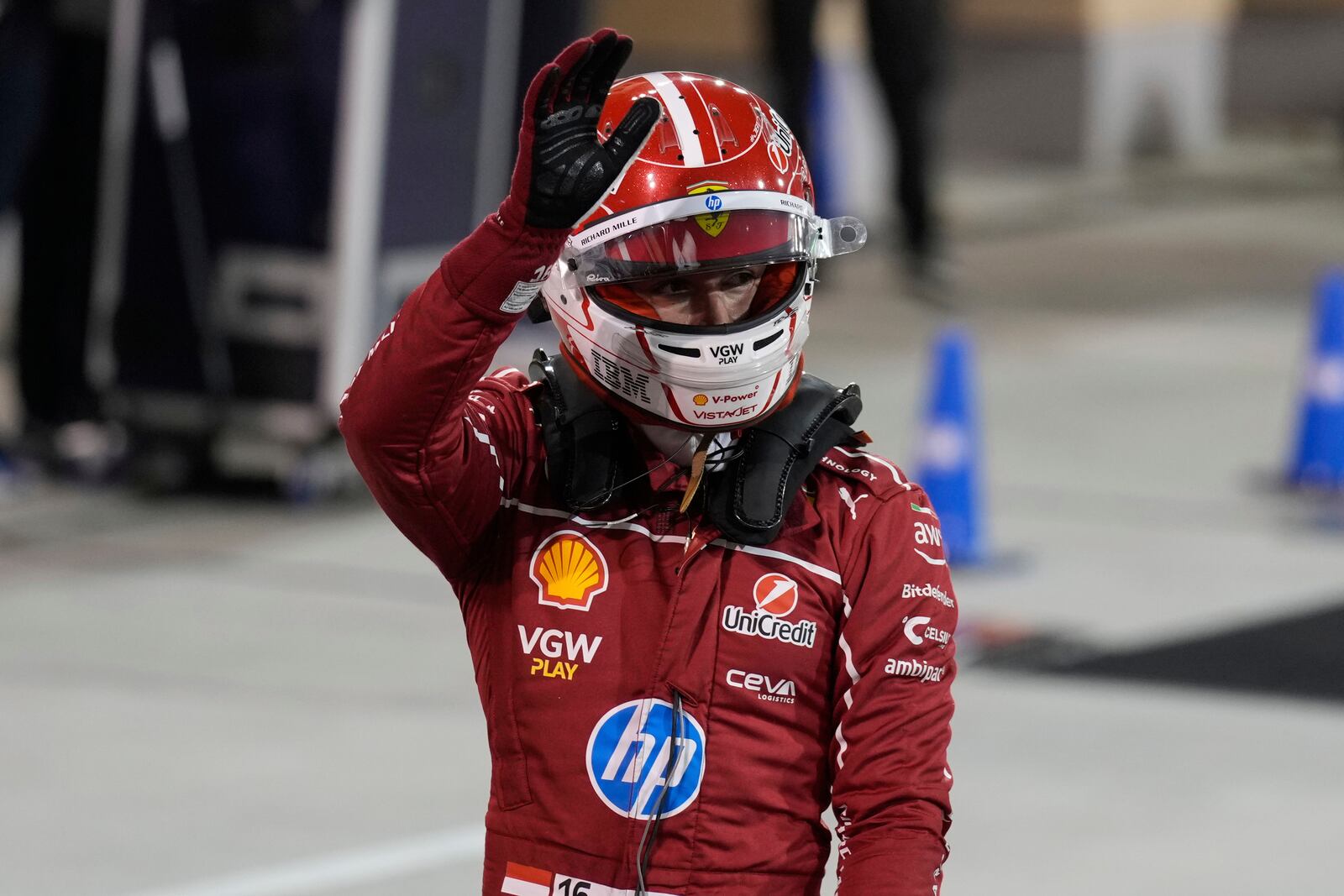 Ferrari driver Charles Leclerc of Monaco reacts after coming in thrid during the qualifying for the Formula One 2025 Bahrain Grand Prix, in Sakhir, Saturday, April 12, 2025. (AP Photo/Darko Bandic)