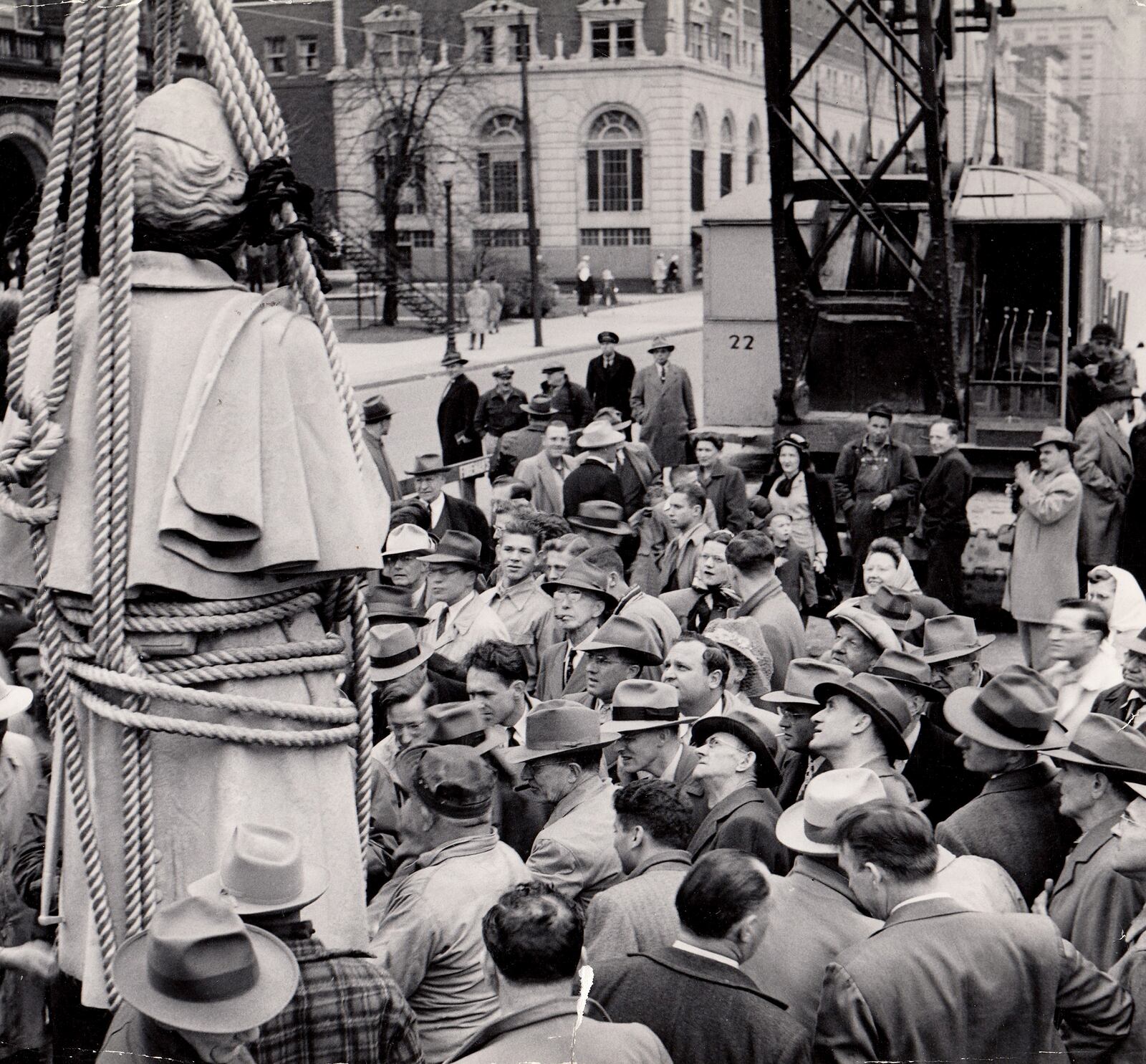 The Civil War Soldiers Monument was relocated in 1948. As it reached the ground, the 9 1/2 ft. statue was literally mobbed, reported the Dayton Daily News. The intersection of Main Street and Monument Avenue was one mass of people, all striving to get in close for a look or a picture. DAYTON DAILY NEWS ARCHIVE