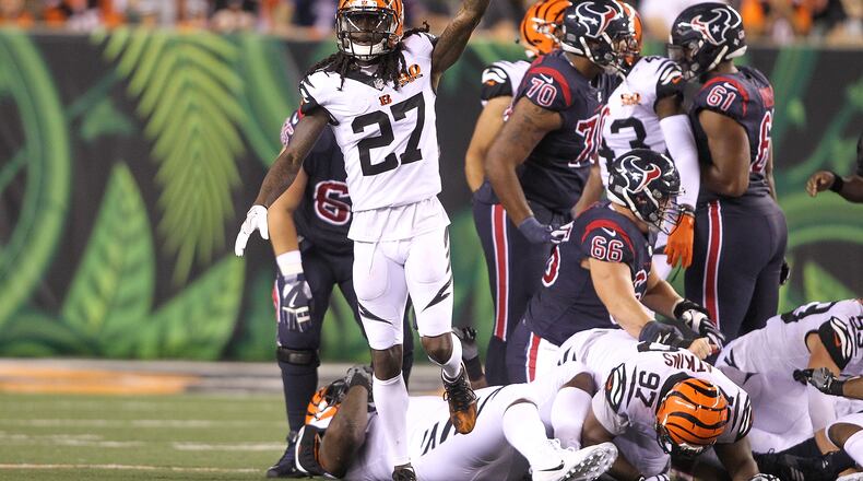 CINCINNATI, OH - SEPTEMBER 14: Dre Kirkpatrick #27 of the Cincinnati Bengals reacts against the Houston Texans during the second half at Paul Brown Stadium on September 14, 2017 in Cincinnati, Ohio. (Photo by John Grieshop/Getty Images)