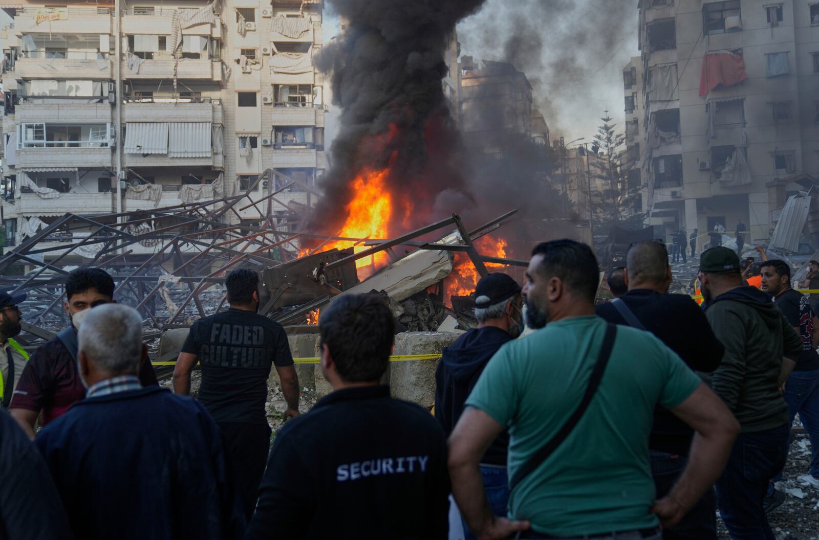 Flames rise after an Israeli airstrike in Dahiyeh, southern suburb of Beirut, Lebanon, Sunday, April 27, 2025. (AP Photo/Hussein Malla)