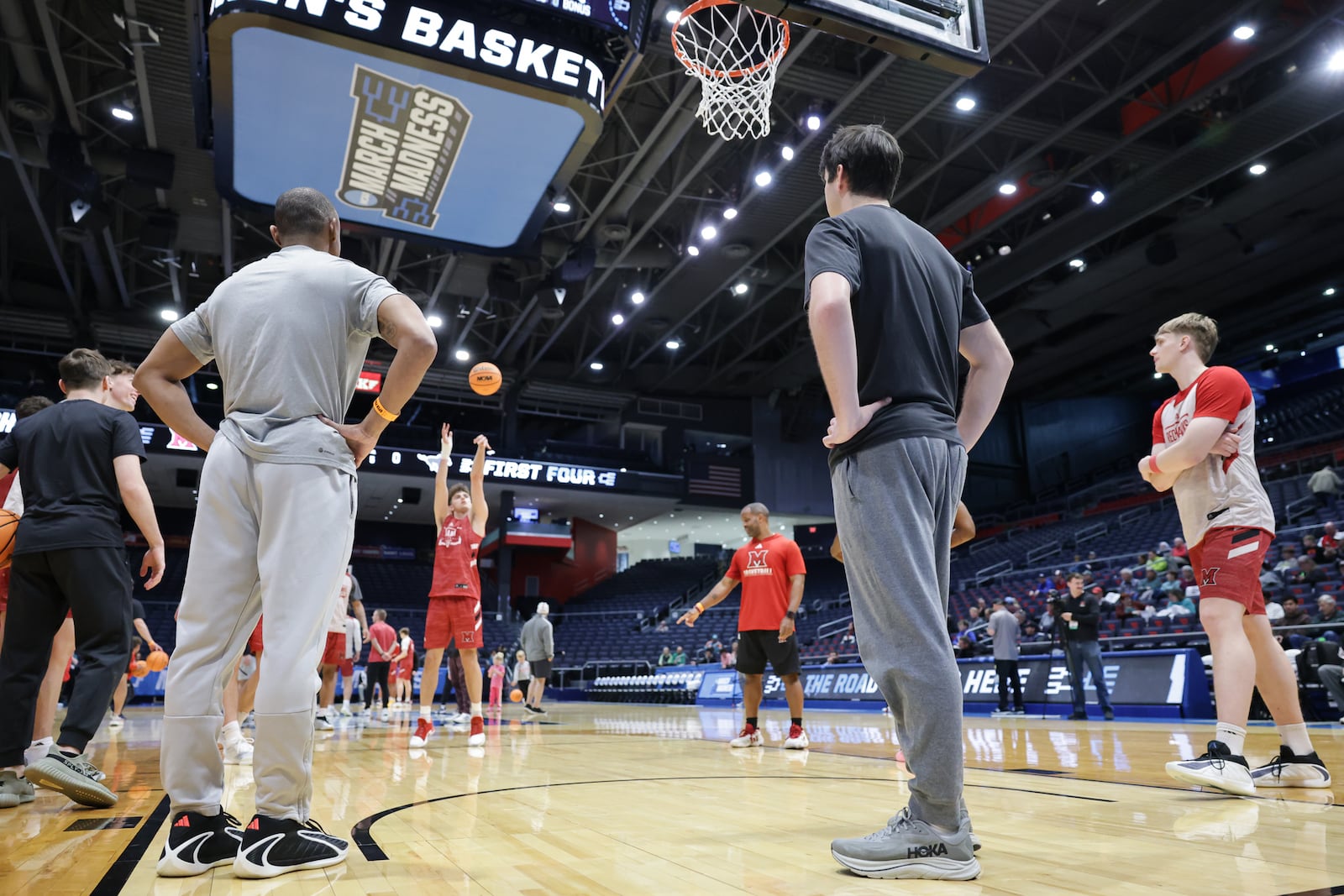Miami had an open practice at University of Dayton Arena on Tuesday, March 17. The Redhawks are scheduled to face Southern Methodist University in an NCAA First Four game on Tuesday, March 17. BRYANT BILLING / STAFF