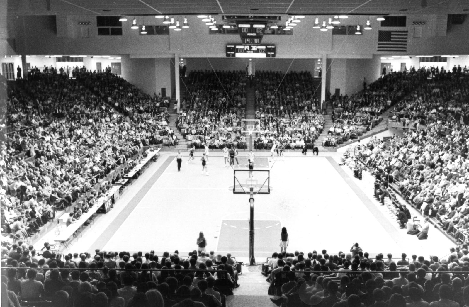 PHOTOS FROM THE BOOK: The Epicenter of College Basketball: A History of UD Arena — UD Arena is pictured in the 1969-70 season, its first. Photo from Tom Frericks’ scrapbook