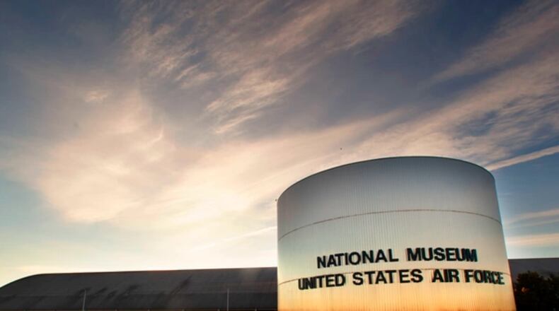 Exterior view of the National Museum of the U.S. Air Force shows the north side of the museum campus on an October 2021 evening. (U.S. Air Force photo by Ty Greenlees)