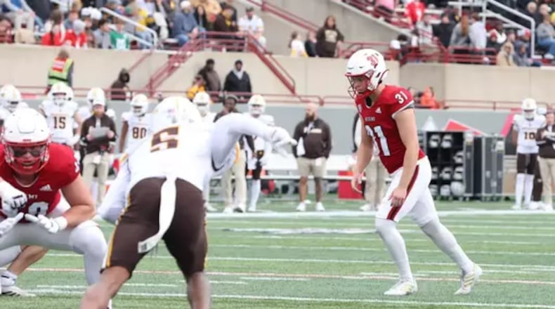 Miami kicker Dom Dzioban lines up for a field goal against Western Michigan on Saturday at Yager Stadium. JEFFREY SABO / MIAMI ATHLETICS