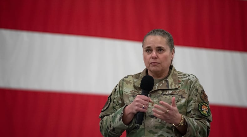 U.S. Air Force Maj. Gen. Linda S. Hurry, Headquarters U.S. Air Force Director of Logistics, delivers a speech during the annual Maintenance Professional of the Year awards banquet at Moody Air Force Base, Georgia, Feb. 17, 2023. (U.S. Air Force photo by Staff Sgt. Thomas Johns)