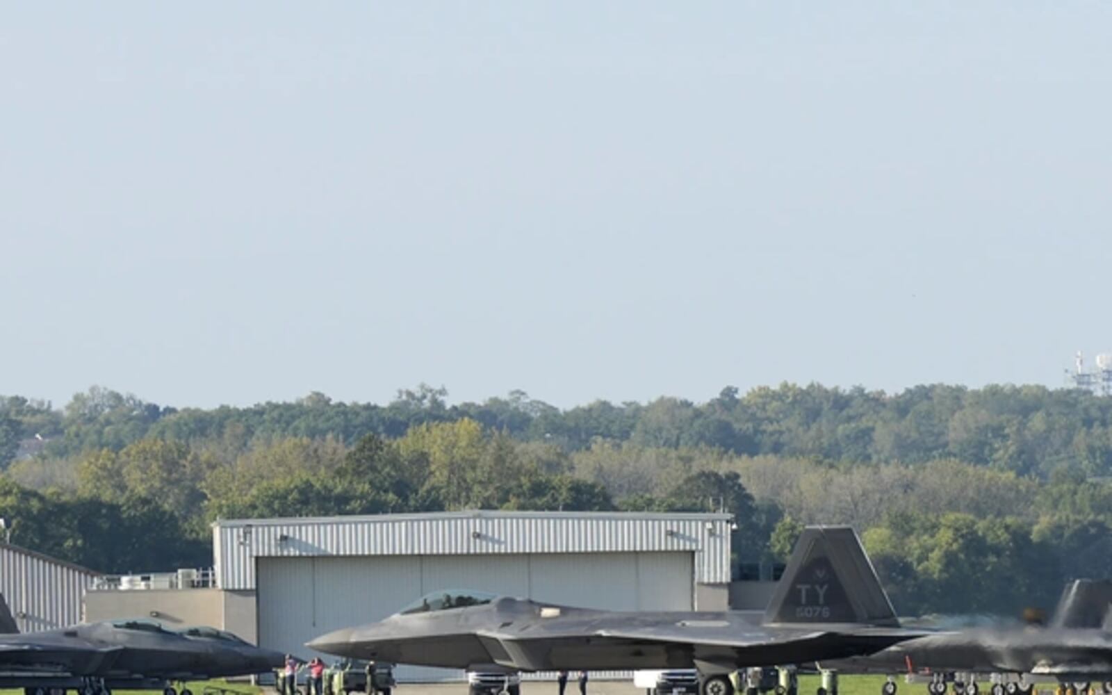 An F-22 Raptor from Tyndall Air Force Base, Fla., taxis to its parking spot after landing at Wright-Patterson Air Force Base for safe haven, Oct. 9, 2018. (U.S. Air Force photo by Wesley Farnsworth)