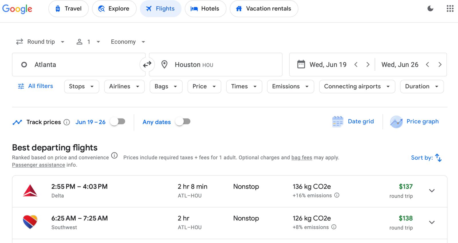 Southwest Airlines fares on Google Flights.