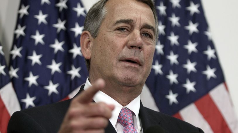 In this Oct. 27, 2015, photo, outgoing House Speaker John Boehner of Ohio talks with reporters on Capitol Hill in Washington. The House is ready to vote on a bipartisan pact charting a two-year budget truce, and Republicans are set to nominate Rep. Paul Ryan as the chambers new speaker. GOP leaders hope that both events Wednesday will help transform their partys recent chaos into calm in time for next years presidential and congressional campaigns. (AP Photo/Lauren Victoria Burke)