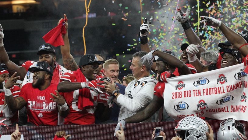 Ohio State celebrates a victory over Northwestern in the Big Ten Championship on Saturday, Dec. 1, 2018, at Lucas Oil Stadium in Indianapolis.