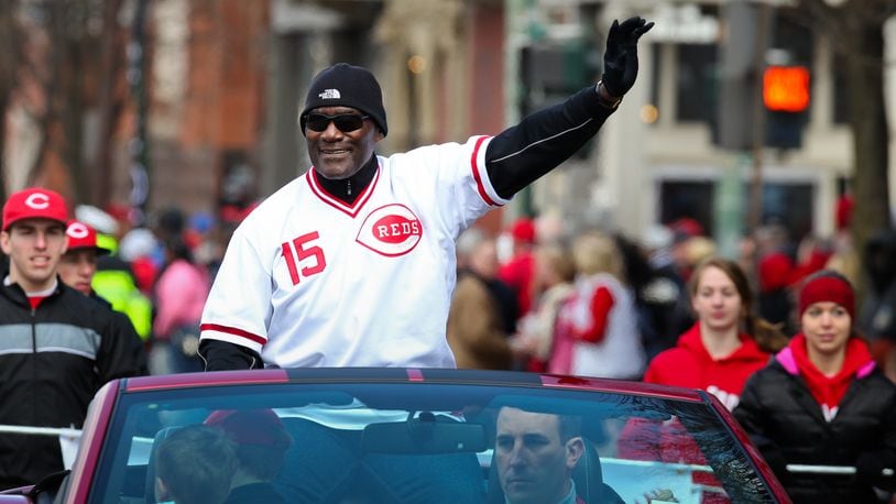 Former Cincinnati Red and Hall of Famer, George Foster, rides as the Grand Marshall in the Reds Opening Day Parade in downtown Cincinnati Monday April, 1, 2013. NICK DAGGY / STAFF