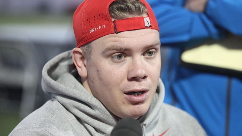 Ohio State’s Pat Elflein speaks at media day on Thursday, Dec. 15, 2016, at the Woody Hayes Athletic Center in Columbus.