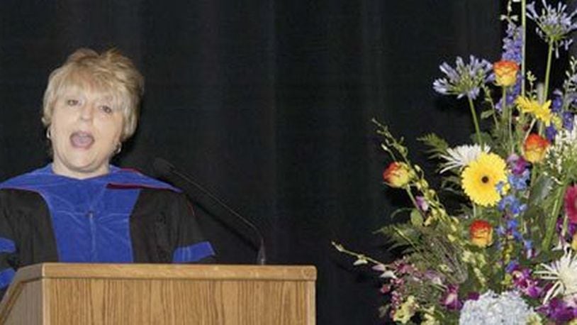 Former Oakwood City Schools Superintendent Mary Jo Scalzo speaks during the Oakwood High School commencement in the Schuster Center in June 2008.