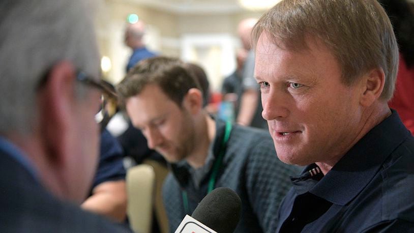 Jon Gruden speaks during the NFL owners meetings, Tuesday, March 27, 2018 in Orlando, Fla. (Phelan M. Ebenhack/AP Images for NFL)