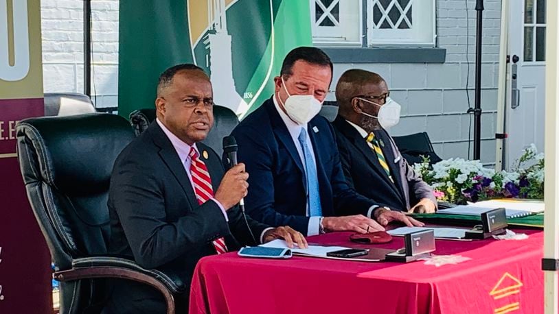Central State University President Dr. Jack Thomas, Director of Opportunities for Ohioans with Disabilities Kevin Miller, and Wilberforce University President Dr. Elfred Anthony Pinkard sign a partnership agreement Tuesday.