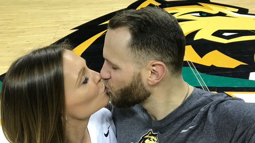 Former Wright State basketball players Vaughn Duggins and wife Maria (Bennett). He is third on Wright State’s all-time scoring and being inducted in Hall of Fame next week. She still holds Raiders’ program record for three-pointers made in season and is now a personal trainer, an overseas (via Skype) English teacher and mother of two. CONTRIBUTED