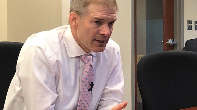 U.S. Rep. Jim Jordan talked to reporters from the Dayton Daily News, WHIO and the Springfield News-Sun on Monday. Photo by Anthony Shoemaker