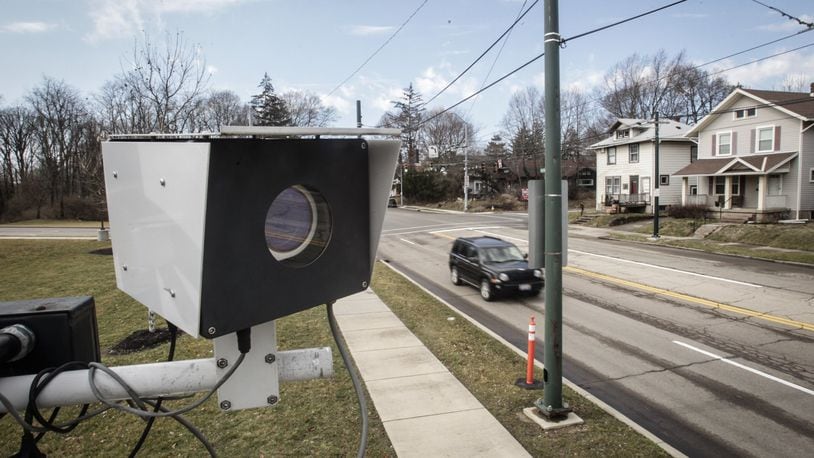 In front of Belmont High School, there’s a mobile speed camera operated by Dayton police. JIM NOELKER/STAFF