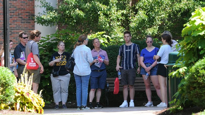 Families of future UD students tour the campus Friday July 22, 2022. The University of Dayton does not require masks, but they do recommend them to be worn indoors, especially as COVID-19 cases climb. MARSHALL GORBY\STAFF