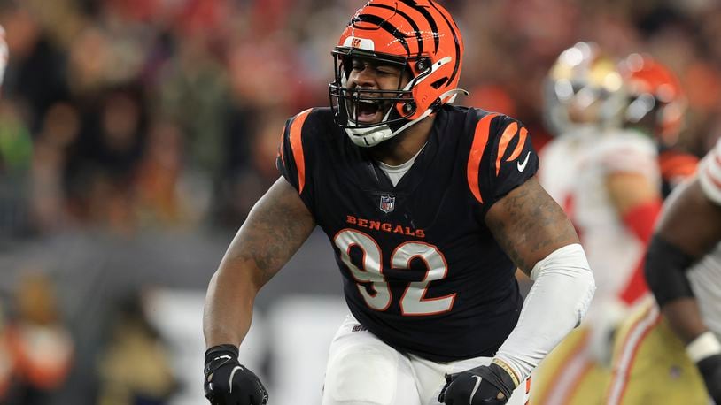 Cincinnati Bengals' B.J. Hill reacts after a tackle during the second half of an NFL football game against the San Francisco 49ers, Sunday, Dec. 12, 2021, in Cincinnati. (AP Photo/Aaron Doster)