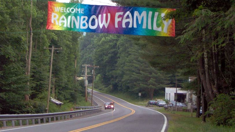 A sign announcing a Rainbow Family gathering in Cranberry, West Virginia, in 2005.