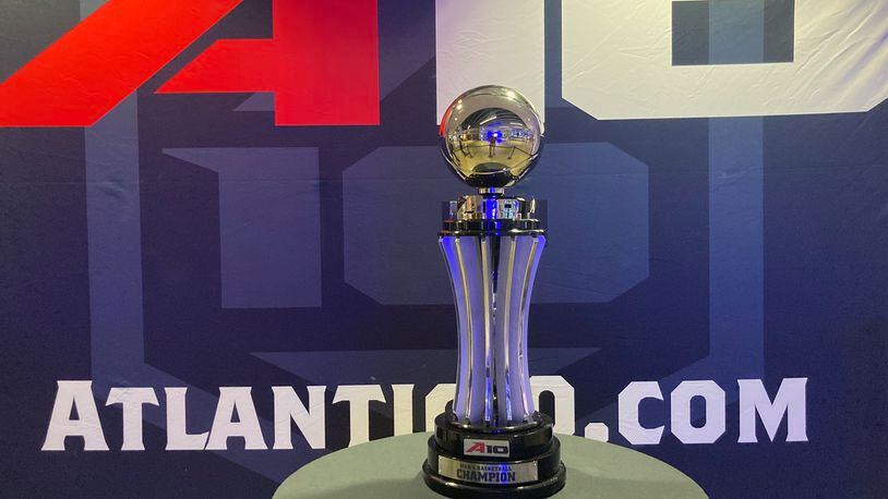 The Atlantic 10 Conference tournament championship trophy is on display at Capital One Arena on March 10, 2022, in Washington, D.C. David Jablonski/Staff