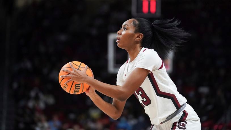 South Carolina guard Bree Hall shoots during the second half of an NCAA college basketball game against Auburn, Thursday, Feb. 17, 2022, in Columbia, S.C. (AP Photo/Sean Rayford)