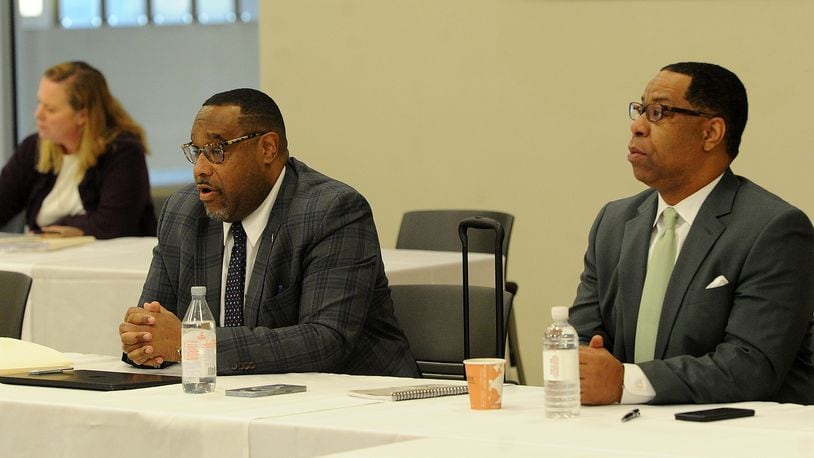 Central State University, Board of Trustees, from left, Board Chair, Mark Hatcher and Secretary, Marlon R. Moore during a meeting Tuesday, Jan. 17, 2023. MARSHALL GORBY\STAFF