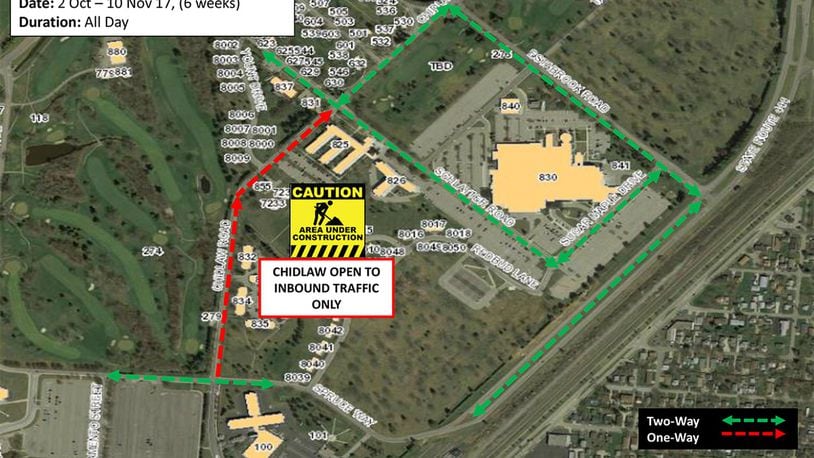 One lane of Chidlaw Road in Area A will close from Oct. 2 to Nov. 10 to accommodate road repair. (U.S. Air Force graphic)