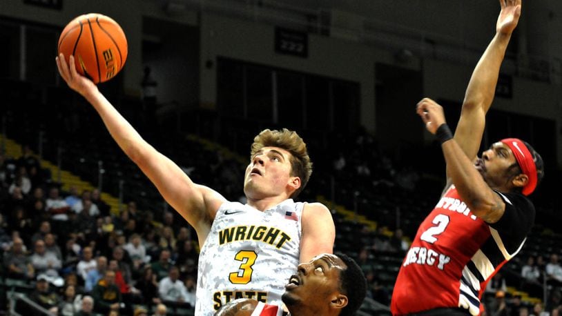 Wright State's Alex Huibregtse shoots against Detroit Mercy in a Horizon League basketball game at the Nutter Center on Friday, Jan. 6, 2023. DAVID A. MOODIE/CONTRIBUTING PHOTOGRAPHER