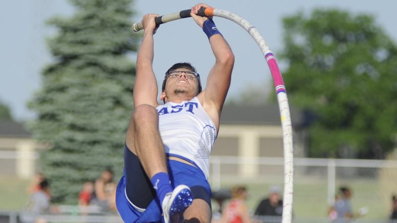 Miami East junior Blaine Brokschmidt won the pole vault during the first day of the D-II regional track and field meet at Piqua on Thursday, May 24, 2018. MARC PENDLETON / STAFF