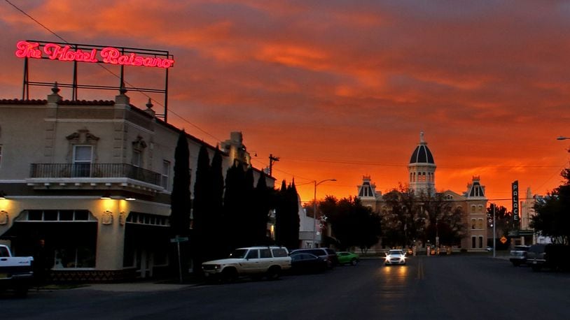Sunset over The Hotel Paisano and the courthouse in Marfa, Texas, on December 7, 2016. (Guy Reynolds/Dallas Morning News/TNS)