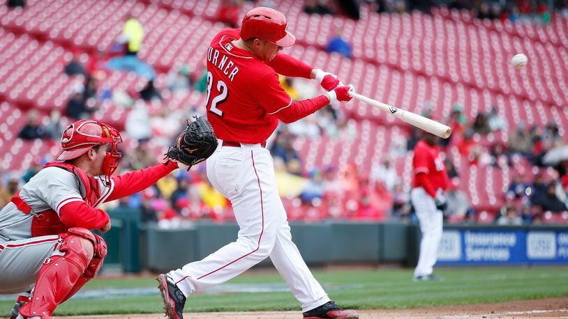 CINCINNATI, OH - APRIL 06: Stuart Turner #32 of the Cincinnati Reds drives in a run with a sacrifice fly in the fourth inning of the game against the Philadelphia Phillies at Great American Ball Park on April 6, 2017 in Cincinnati, Ohio. The Reds defeated the Phillies 7-4. (Photo by Joe Robbins/Getty Images)