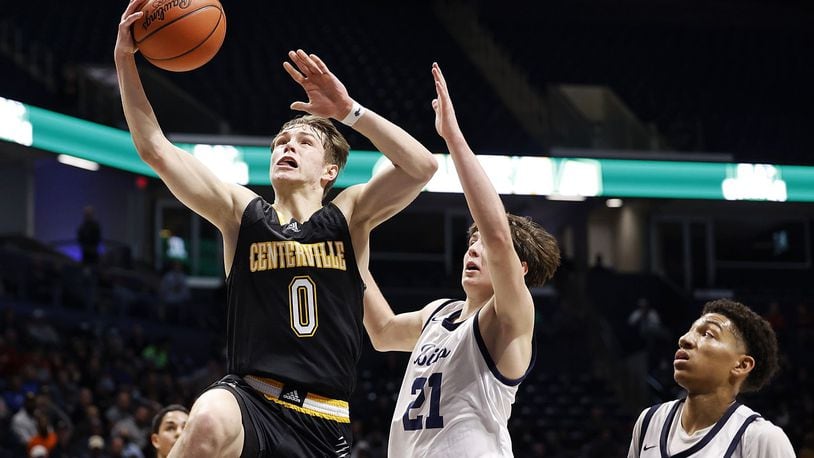 Centerville's Gabe Cupps goes to the hoop during their Division I regional basketball game against Kettering Fairmont Wednesday, March 9, 2022 at Cintas Center on the Xavier University campus in Cincinnati. Centerville won 44-42. GRAHAM/STAFF