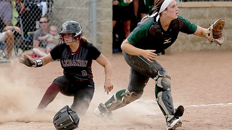 Lebanon’s Chloe Allen scores a run as Mason catcher Brooke Rice waits for the throw during their Division I regional final at Kings last Sunday. CONTRIBUTED PHOTO BY E.L. HUBBARD